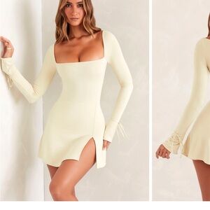 Oh Polly brand Cream Ribbed Bodycon Dress with Long Bishop Sleeves and Slit
